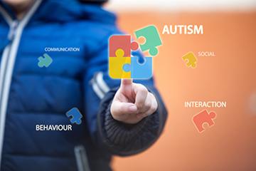 Image of autism puzzle with communication, behaviour, social & interaction pieces